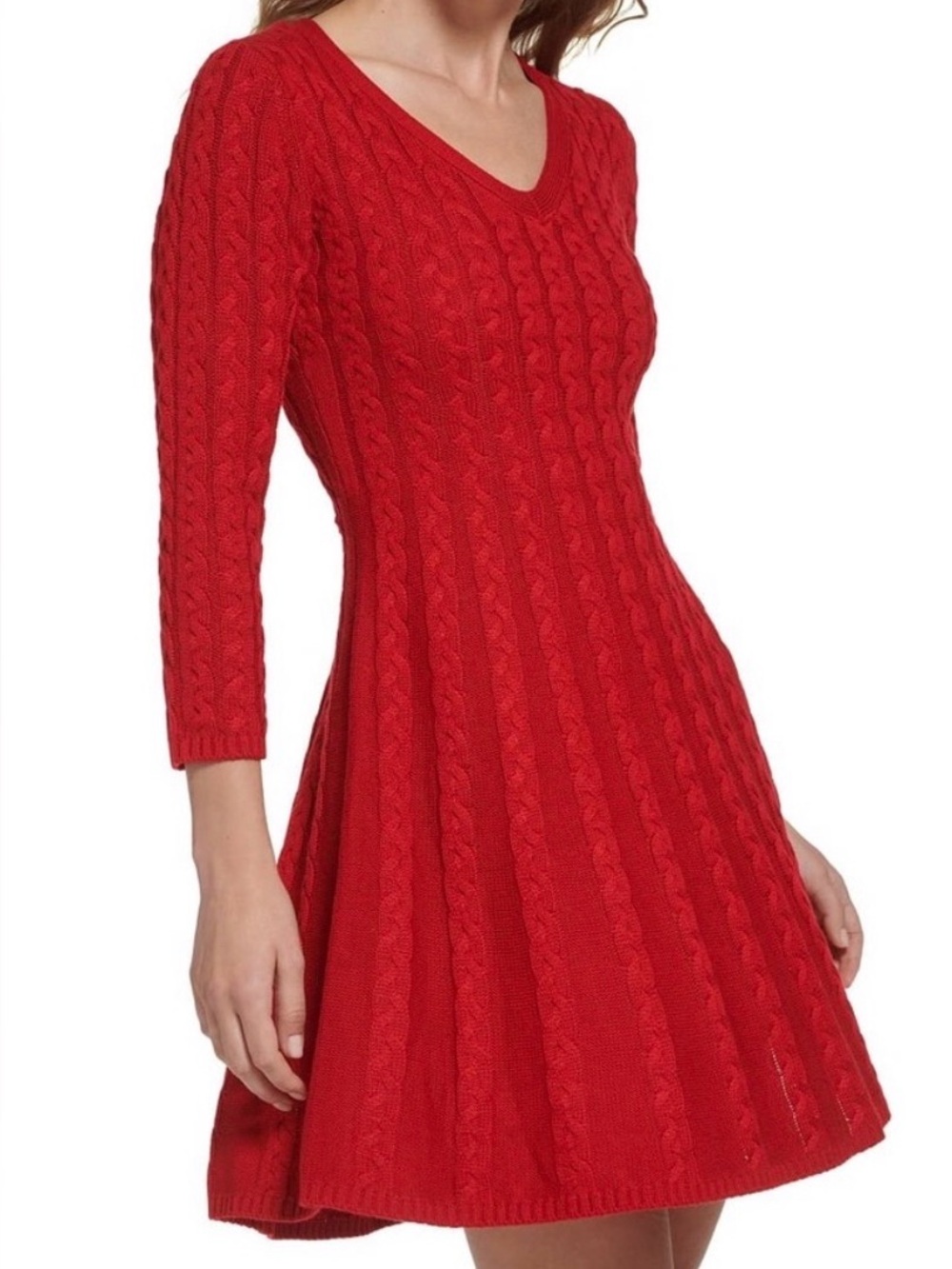 WOMENS JH Red cable knit sweater dress with V-neck and 3/4 sleeves SIZE small